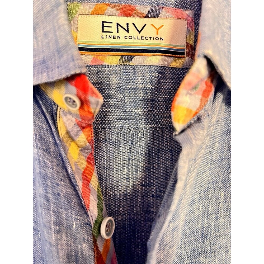 100% LINEN Men’s XXL Shirt Blue Short Sleeve Detailed Easy Care Cool Casual ENVY